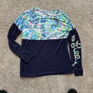 Lilly Pulitzer Finn Top XS Navy Blue Floral Long Sleeve Logo Sleeve
